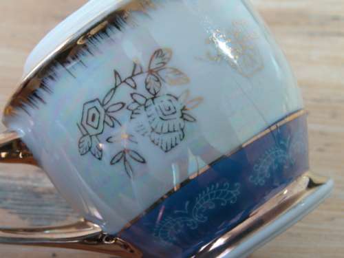 Vintage Lustreware Milk / Cream Jug, white, blue and gold trim - "Another crazy R1 start"