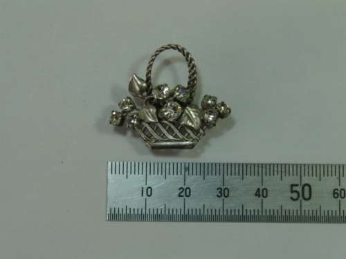 Vintage Paste Brooch - basket with flowers design - clear stones
