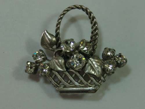 Vintage Paste Brooch - basket with flowers design - clear stones