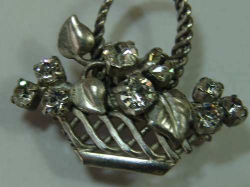 Vintage Paste Brooch - basket with flowers design - clear stones