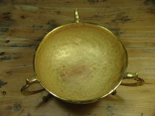 Vintage solid hammered brass footed Bowl with Dragon shaped handles