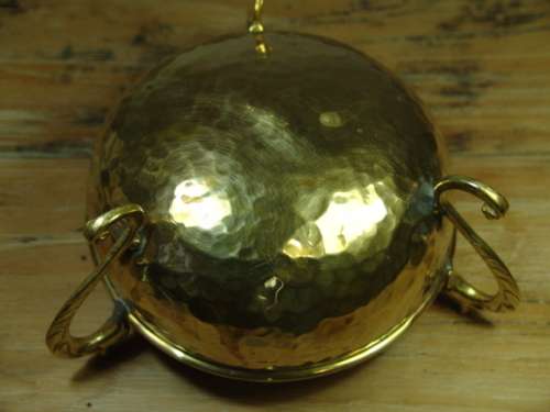Vintage solid hammered brass footed Bowl with Dragon shaped handles