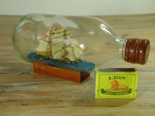 Sail Boat in a Bottle with wooden base, 19cm long, vintage 60's