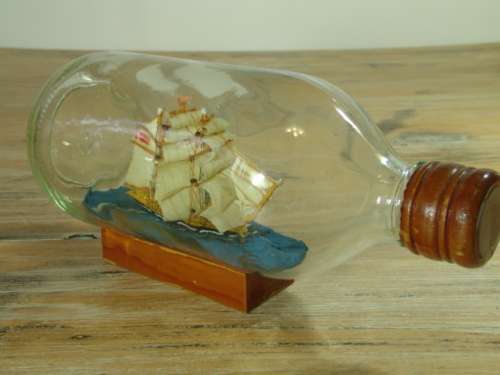 Sail Boat in a Bottle with wooden base, 19cm long, vintage 60's