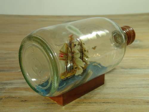 Sail Boat in a Bottle with wooden base, 19cm long, vintage 60's