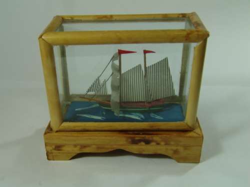 Small Sail Boat in a wood and glass box, 7cm, vintage 60's
