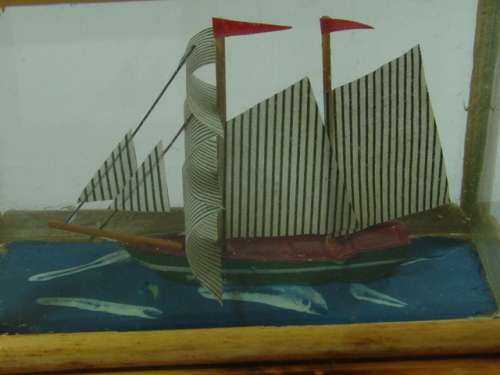 Small Sail Boat in a wood and glass box, 7cm, vintage 60's