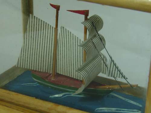 Small Sail Boat in a wood and glass box, 7cm, vintage 60's