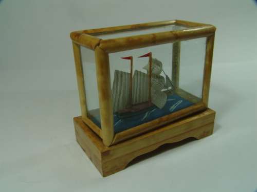Small Sail Boat in a wood and glass box, 7cm, vintage 60's