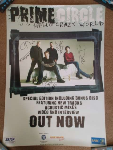 Music Poster, Prime Circle, Hello crazy world, Hand signed by band members, 59cm x 84cm