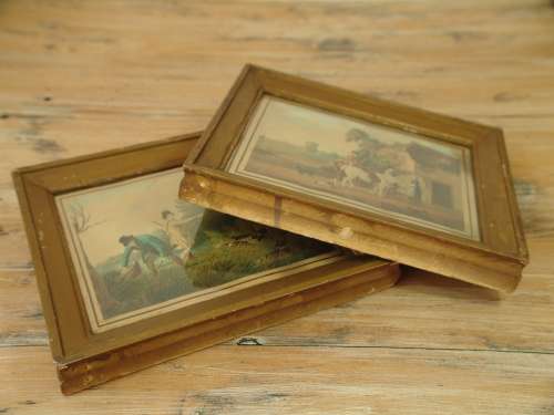 Antique 19th century, Continental hunting Prints with original frames and labels. 2 in the lot