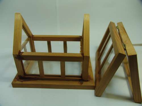 Vintage glass and wood display box in the shape of a house, 14cm x 12cm