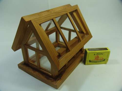 Vintage glass and wood display box in the shape of a house, 14cm x 12cm