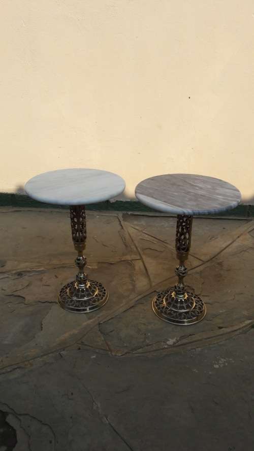 Set of two vintage retro Brass side tables with Marble tops, from the 1950's (2)