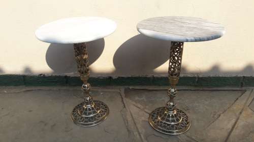 Set of two vintage retro Brass side tables with Marble tops, from the 1950's (2)