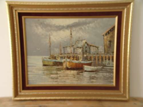Original Oil on board by JOE, boating scene, 32cm x 42cm - vintage