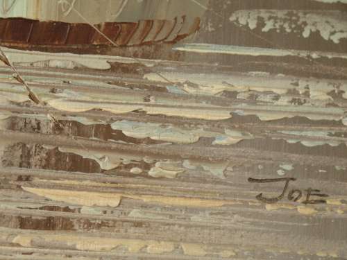 Original Oil on board by JOE, boating scene, 32cm x 42cm - vintage