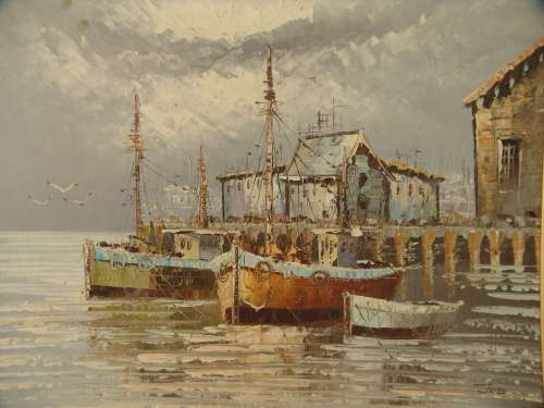 Original Oil on board by JOE, boating scene, 32cm x 42cm - vintage