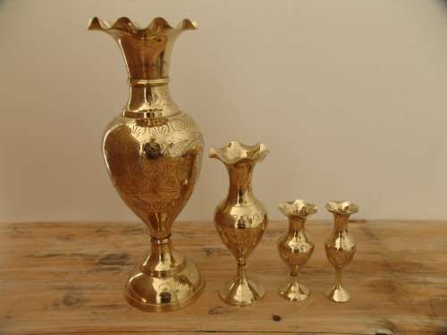 Set of 4 vintage solid brass Vases, very large to small, 36cm, 20cm, 12cm, 12cm