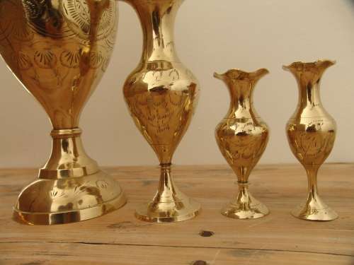 Set of 4 vintage solid brass Vases, very large to small, 36cm, 20cm, 12cm, 12cm