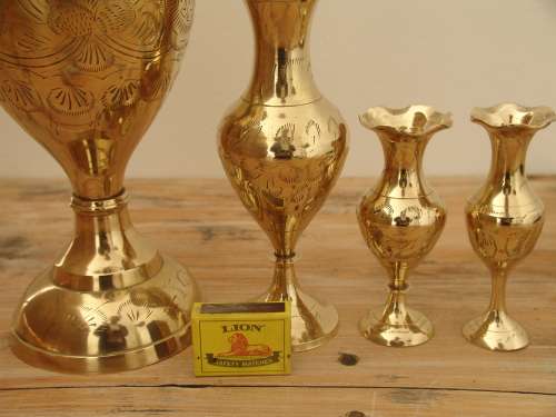 Set of 4 vintage solid brass Vases, very large to small, 36cm, 20cm, 12cm, 12cm