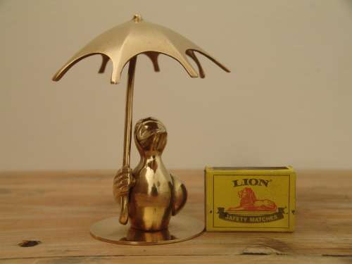 Vintage solid brass Duck figurine with Umbrella - 13cm