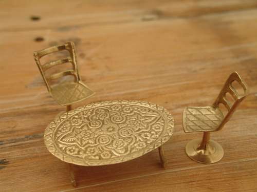 Miniature brass furniture, Table and two Chairs