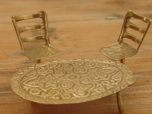 Miniature brass furniture, Table and two Chairs