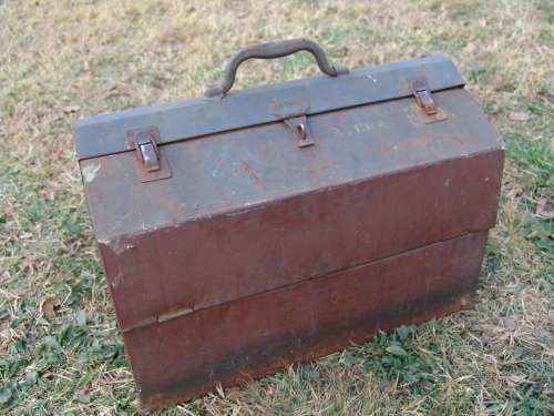 Vintage steel Toolbox with multiple storage compartments. 26cm x 46cm x 31cm