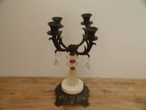 Antique Cast metal 4 arm Candelabra with lustres - 36cm tall