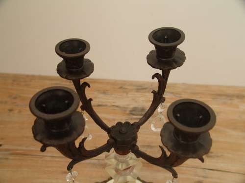 Antique Cast metal 4 arm Candelabra with lustres - 36cm tall