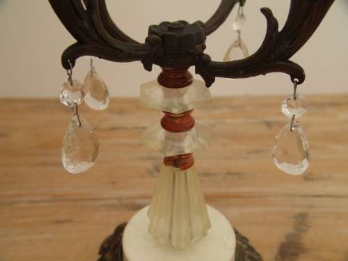 Antique Cast metal 4 arm Candelabra with lustres - 36cm tall