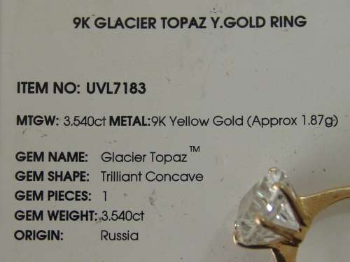 9ct Yellow gold Ring, set with a 3,54ct glacier Topaz, trilliant concave, Russia, COA included