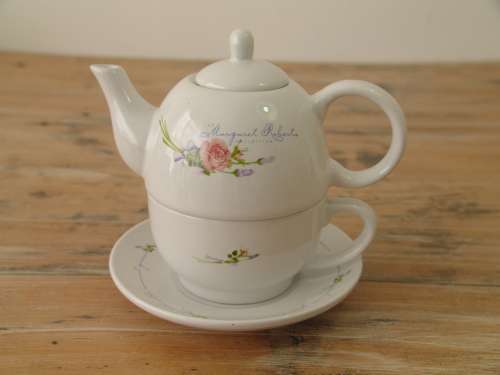 Stackable porcelain Teapot, Cup and Saucer from the Margaret Roberts collection