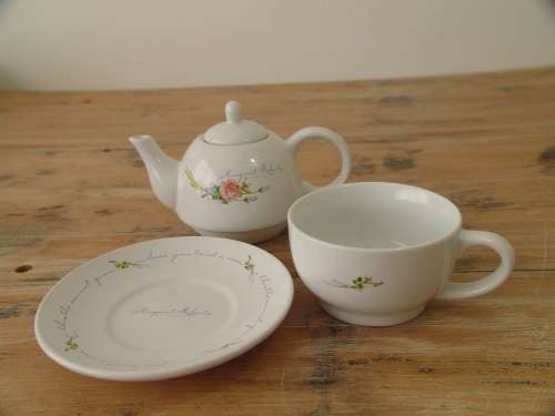 Stackable porcelain Teapot, Cup and Saucer from the Margaret Roberts collection