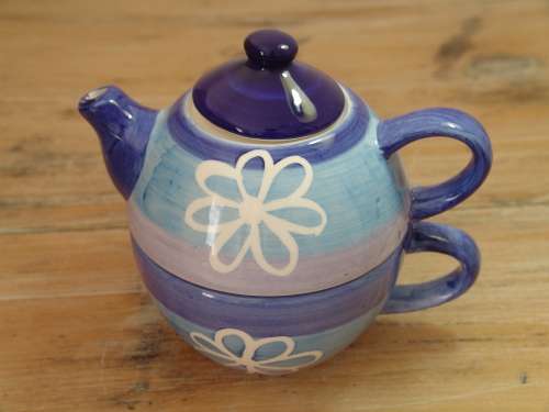 Stackable hand painted ceramic Teapot and Cup -tea for one