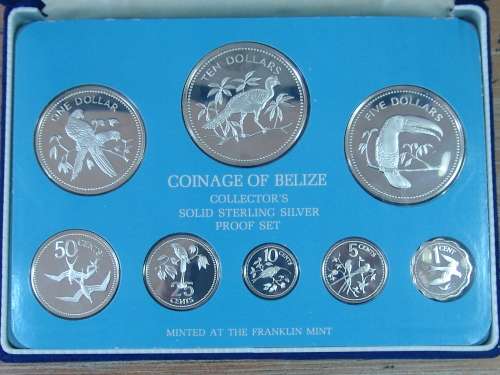 Boxed collectors 1975 Sterling silver Proof Coin set of Belize, 8 coins, 112g, mint condition