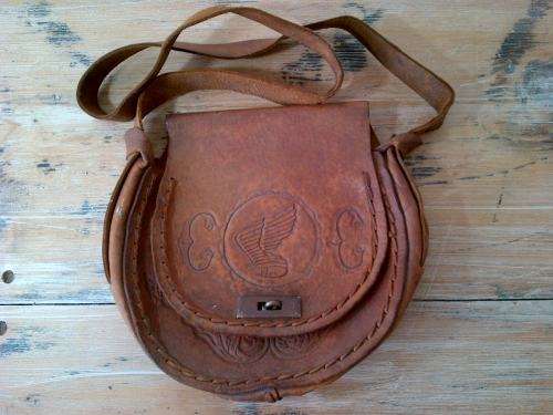 Vintage thick leather Motorcycle Satchel, 24cm diameter