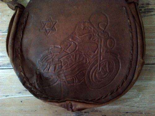 Vintage thick leather Motorcycle Satchel, 24cm diameter