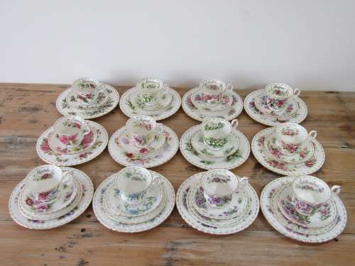Royal Albert Flower of the month series, Complete 12 place setting, 8 Trios and 4 Quatro's, Prestine