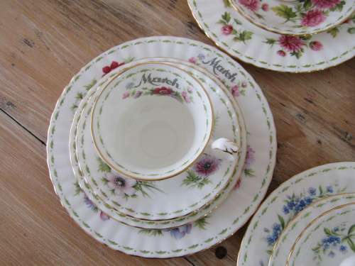Royal Albert Flower of the month series, Complete 12 place setting, 8 Trios and 4 Quatro's, Prestine