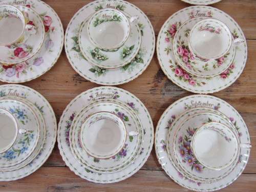 Royal Albert Flower of the month series, Complete 12 place setting, 8 Trios and 4 Quatro's, Prestine