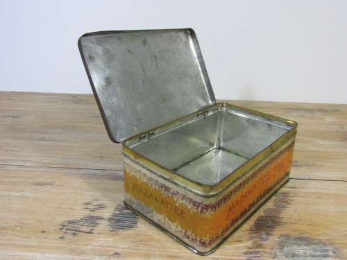 Antique Mazawattee tea tin with hinged lid, rare, 18cm x 11cm x 7cm