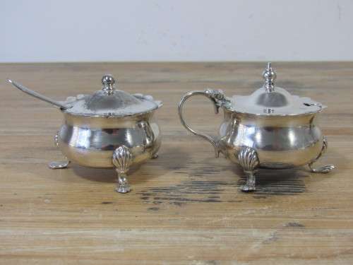 Pair of small Angora silver plated mustard bowls with blue liners and lids, excellent condition