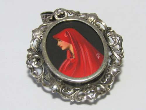 Victorian miniature portrait pendant set in 800 continental silver and signed LP, 3cm x 3.5cm, 6.8g