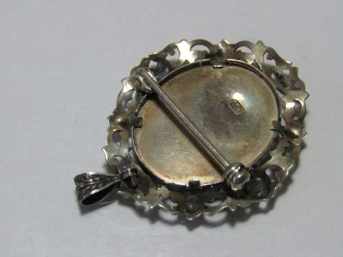 Victorian miniature portrait pendant set in 800 continental silver and signed LP, 3cm x 3.5cm, 6.8g