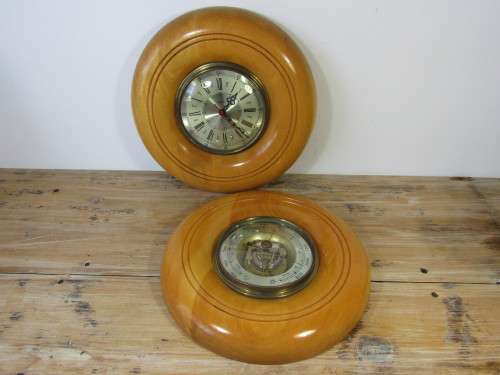 Set of two yellowwood West Germany made Clock and Barometer, 35cm diameter