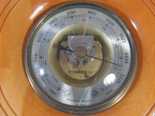 Set of two yellowwood West Germany made Clock and Barometer, 35cm diameter