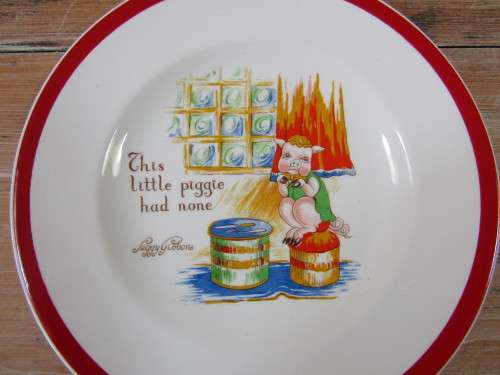 Vintage rare Peggy Gibbons Boxed Childrens meal set, porcelain and silver plated, mint