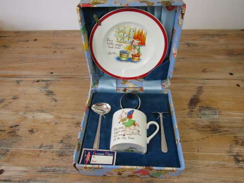 Vintage rare Peggy Gibbons Boxed Childrens meal set, porcelain and silver plated, mint